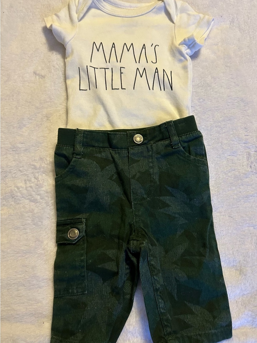 Mama's Little Man White Bodysuit with Dark Green Camouflage Pants